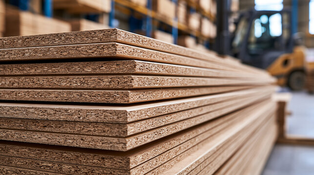 A stack of particle boards in a warehouse with a forklift in the background. Perfect for industrial manufacturing and construction supply concepts.