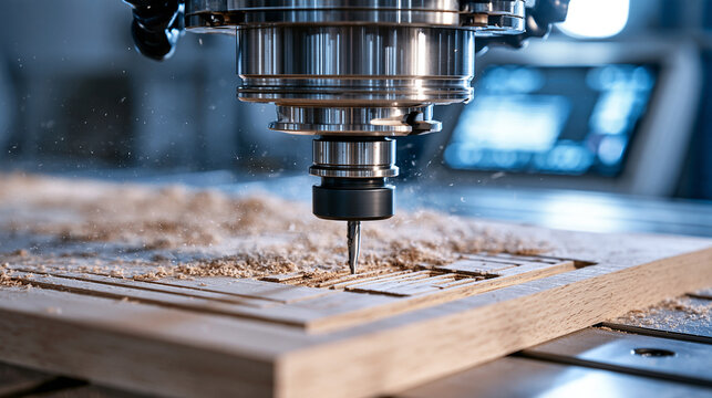 CNC router machine cutting wood panel in a bright workshop. Perfect for modern manufacturing and carpentry concepts.