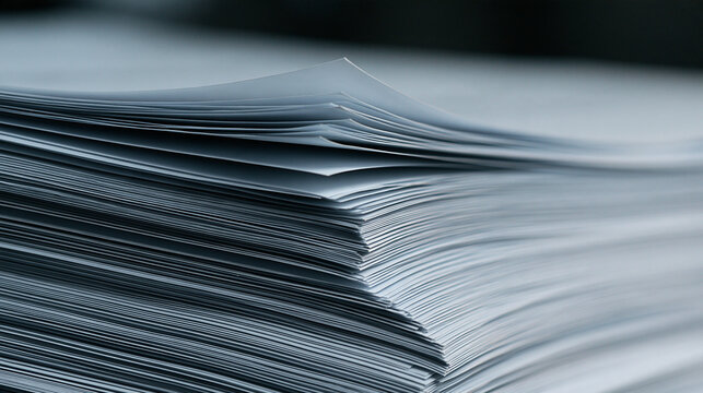 A large stack of white paper sheets lit by soft natural light. Ideal for office work and administrative concepts.
