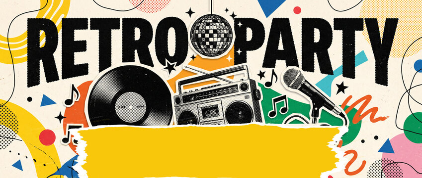 Retro party Banner, social media cover, website header deign with microphone boombox vinyl record and disco ball with yellow ripped paper frame for text placement and colorful abstract shapes design