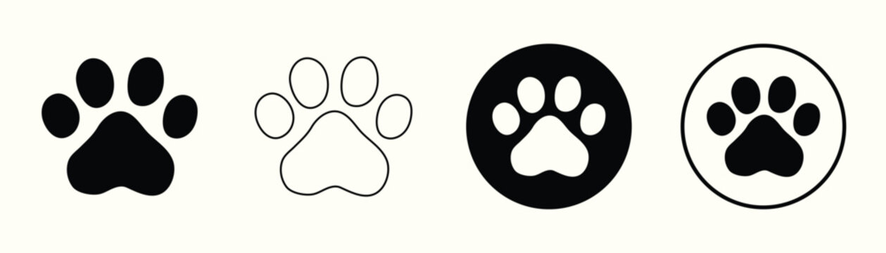 Four paw print icons, simple black and white animal track silhouettes for pet shop or veterinary design