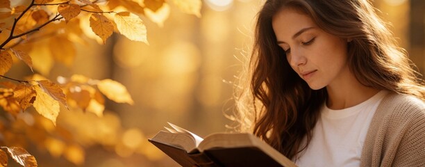 Obraz premium Close up of young christian woman reading holy bible outdoors. Female student studies gospel book in autumn forest with yellow leaves. Peaceful moment of spirituality, faith. Person finds religious