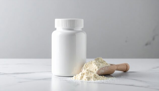 Blank white supplement jar with scoop of powder for health product packaging