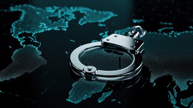 Metal handcuffs rest on a digital representation of the world map. This image symbolizes international crime and the global reach of law enforcement and justice systems.