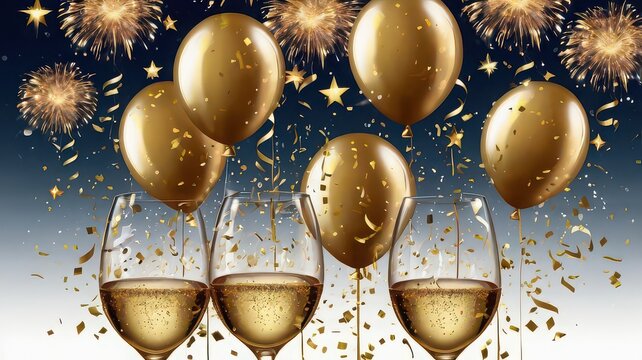 Three champagne glasses with golden balloons and fireworks background for New Year celebration
