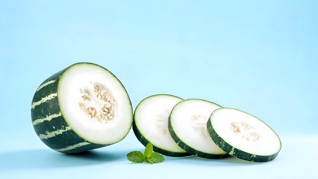 Fresh Winter Melon Slices with Mint on Blue Background
