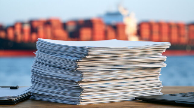 A large stack of paper documents on a desk with a cargo ship blurred in the background. Perfect for international shipping and logistics documentation concepts.