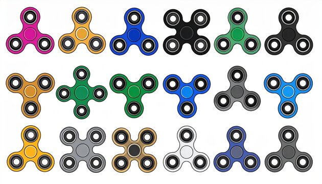 Collection of diverse fidget spinners with colorful modern designs