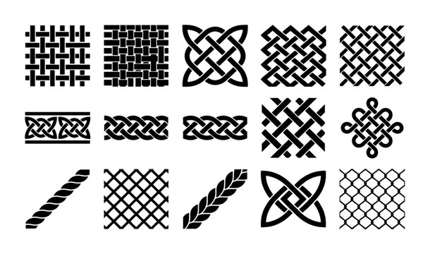 Celtic knot and weave patterns, 15 black geometric braided vector icons, traditional interlaced line art set, ethnic rope and mesh textures