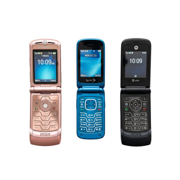 Three open flip cell phones with digital displays showing time and network provider logos isolated on transparent background