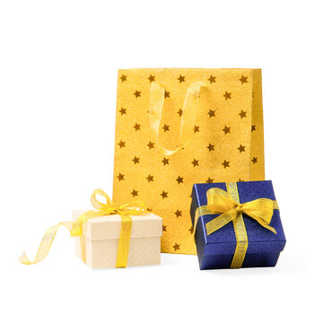 Gold Gift Bag with Cream and Blue Gift Boxes, Isolated on Transparent Background