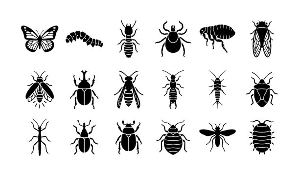 Black insect icons set, 18 bug silhouettes including butterfly and beetle, minimalist pest control vector elements for biology and nature design