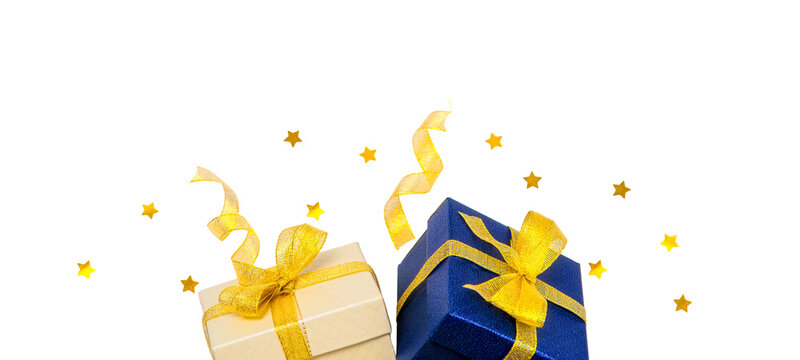 Cream and Blue Gift Boxes with Yellow Ribbons Isolated, Transparent Background