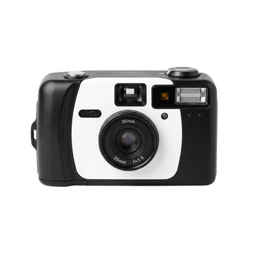 Retro point and shoot film camera with integrated flash during studio lighting isolated on transparent background