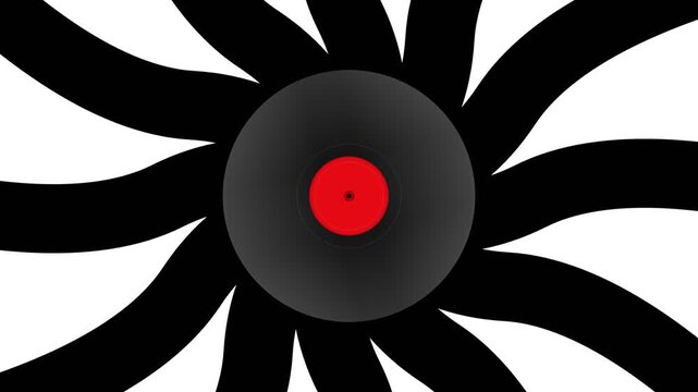 Abstract vinyl record on striking optical illusion background with swirling black lines and red center label