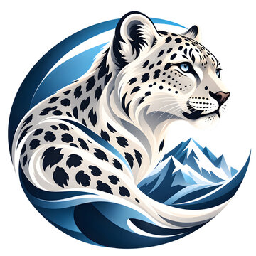 Stylized snow leopard with blue mountains in a circular vector illustration mountain landscape big cat wild animal predatory cat wildlife art