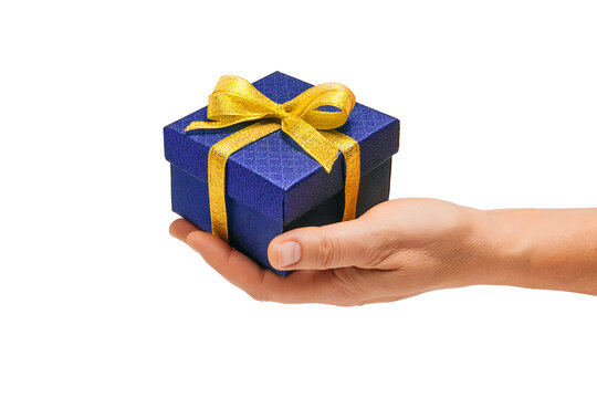 Female Hand Holding Blue Gift Box with Gold Ribbon, Transparent Background