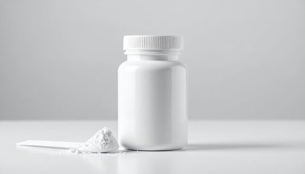 Blank white supplement jar with scoop of powder for health product packaging