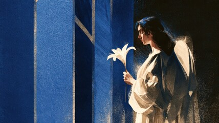 Fototapeta premium Elegant Angel Holding White Lily Before Blue Stained Glass, Christian Sympathy and Memorial Art with Copy Space