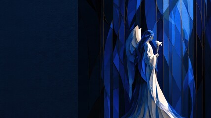 Obraz premium Angel Messenger with White Lily in Blue Stained Glass, Christian Sympathy and Memorial Background