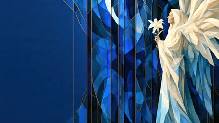 Obraz premium Stained Glass Angel with White Lily on Deep Blue Background, Christian Sympathy and Memorial Art