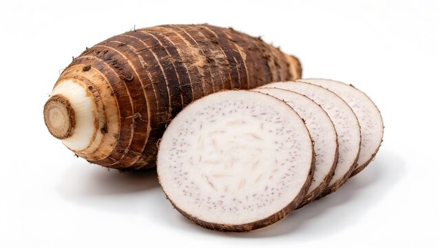 Whole and Sliced Taro Root on White Background