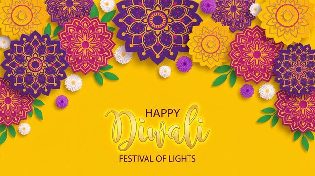 Diwali festival holiday design with paper cut style of Indian Rangoli and flowers. Purple, violet colors on yellow background, vector illustration.