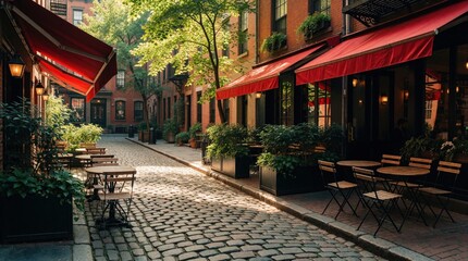 Obraz premium Cobblestone street in New York City with outdoor cafe seating. Red awnings cover bistro tables, chairs on sidewalk. Green plants in black pots decorate urban alleyway. Sunny day light creates shadows