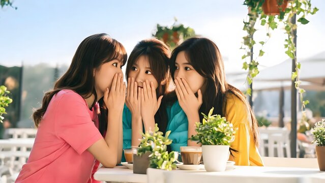 Three Young Women Gossiping and Reacting with Surprise at an Outdoor Cafe