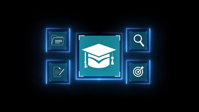 Businessman hand holding digital graduation cap icon surrounded by book, search, folder, and symbols, representing online education, e-learning, and digital knowledge concept. on transparen.