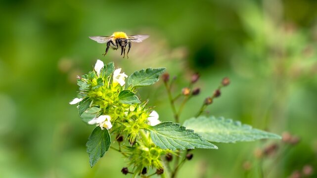 Biene fliegt &uuml;ber einer wei&szlig;en Blume