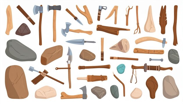 Ancient prehistoric stone, bone and wooden tools collection