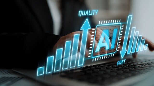 Business Professional Analyzing Data Trends with Artificial Intelligence Insights on a Laptop in Modern Office Environment Sigmoid