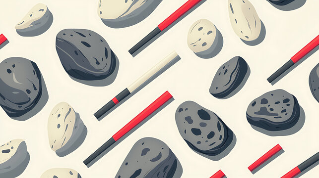 A pattern of rocks with a red and white stick in the middle