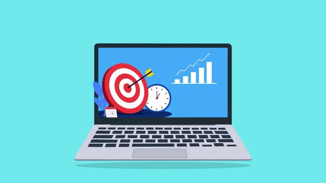 Laptop screen displaying a target with an arrow, growth chart, clock and calendar, illustrating business goals, time management, planning and productivity in a colorful animation.