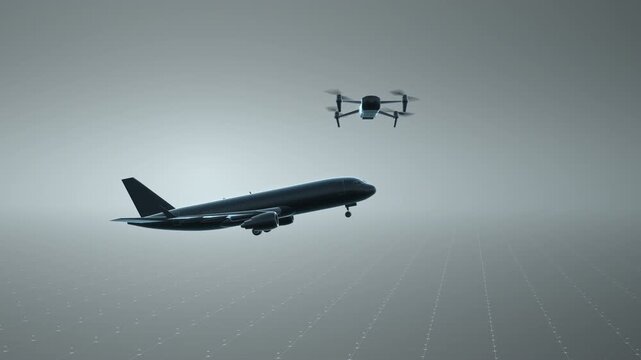 Slow motion animation of a dark commercial airplane approaching a hovering drone, featuring a red bounding box to show aviation danger, ideal for a broadcast documentary presentation.
