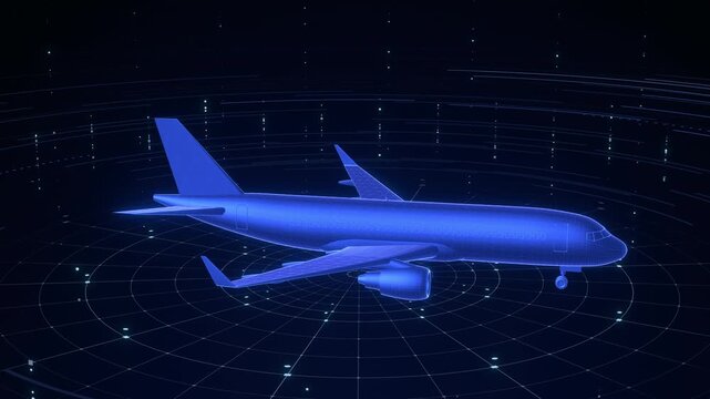 A glowing blue holographic commercial airplane rotates on a digital radar turntable grid, ideal for aviation technology presentations and horizontal broadcast openers.
