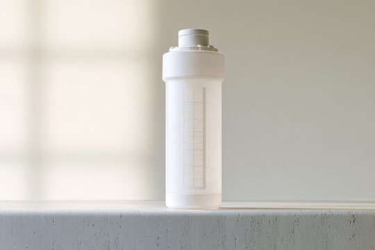Solitary matte white reusable tracker bottle centered on pale textured ledge, softly lit by daylight against neutral wall with generous negative space and quiet minimalist mood