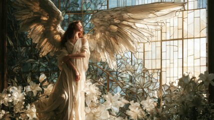 Obraz premium Solitary Angel in Flowing Ivory Robes Among Stained Glass Lilies, Peaceful Memorial Christian Art with Copy Space