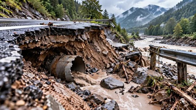 Collapsed mountain roadway beside a swollen river, with exposed drainage infrastructure, broken asphalt, rocks and fallen trees, illustrating flood damage, erosion, safety risks and recovery.