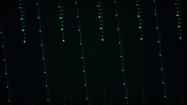 Neon green lights falling down in dark background resembling digital matrix rain or glowing futuristic data streams motion