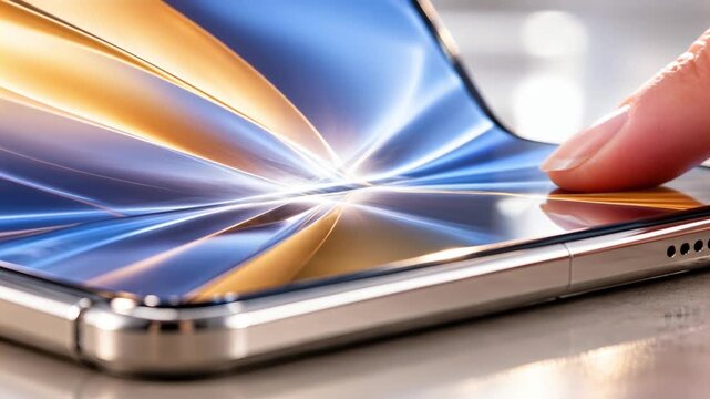 Close-up of a foldable smartphone with a finger touching the illuminated screen, emphasizing flexible hardware, precision engineering, reflective surfaces, innovation, portability and modern technolog