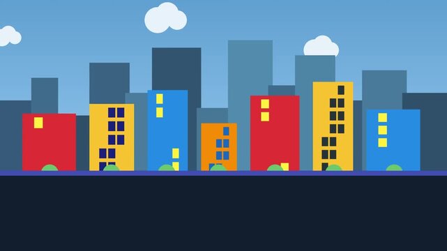 Colorful city skyline vector animation with minimalist buildings and clouds in blue sky