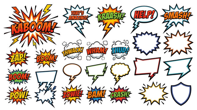 Retro comic book sound effects and speech bubbles set, pop art explosion clouds with kaboom and zap text, vintage cartoon action elements vector