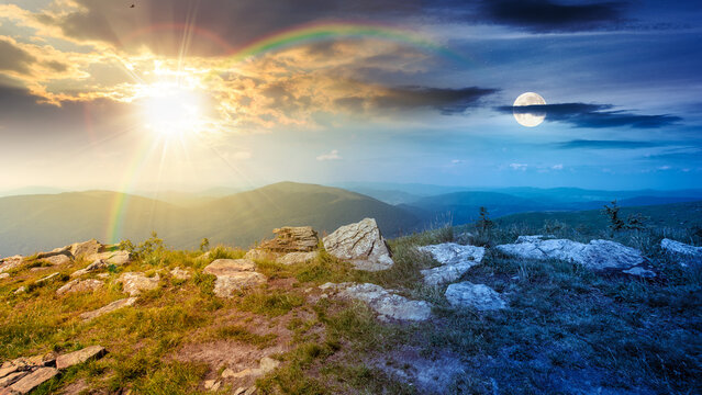 Carpathian mountain landscape on summer solstice. scenic view of Transcarpathia region from the mnt. Smooth. alpine blueberry field with rock on the Polonyna Runa hill at twilight