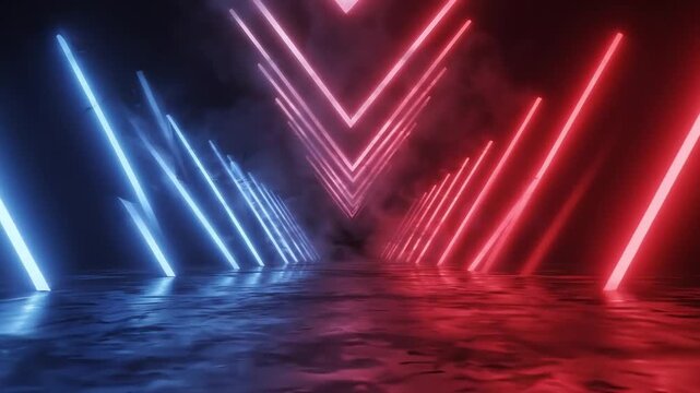 Abstract neon lights background animation with blue and red laser tunnel. Futuristic loopable glowing corridor with reflective metallic floor and smoke effects.
