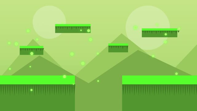 Green platform game background with floating particles and simple geometry for video game level