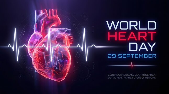 Anatomical heart with electrocardiogram lines against a dark futuristic background