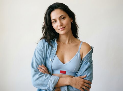 Confident young woman in blue bralette and denim shirt posing with arms crossed against white wall