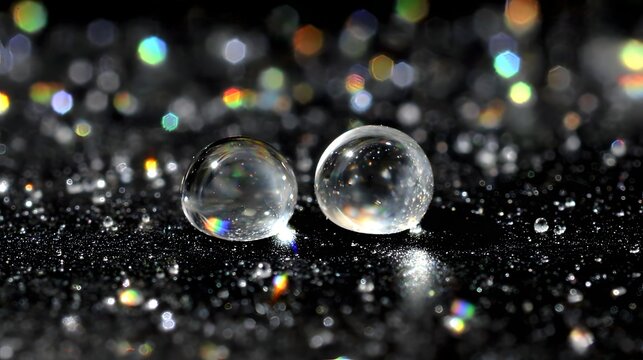 chemical droplets merging on reflective glass, intricate fluid boundaries, surface tension, colorful highlights, extreme macro photography